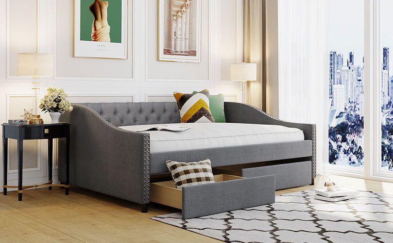 Upholstered daybed with Two Drawers, Wood Slat Support, Gray, Full Size(OLD SKU :LP001111AAE)