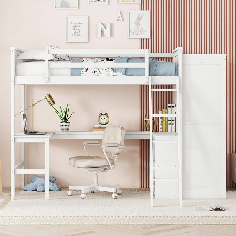 Twin size Loft Bed with Desk, Shelves and Wardrobe-White