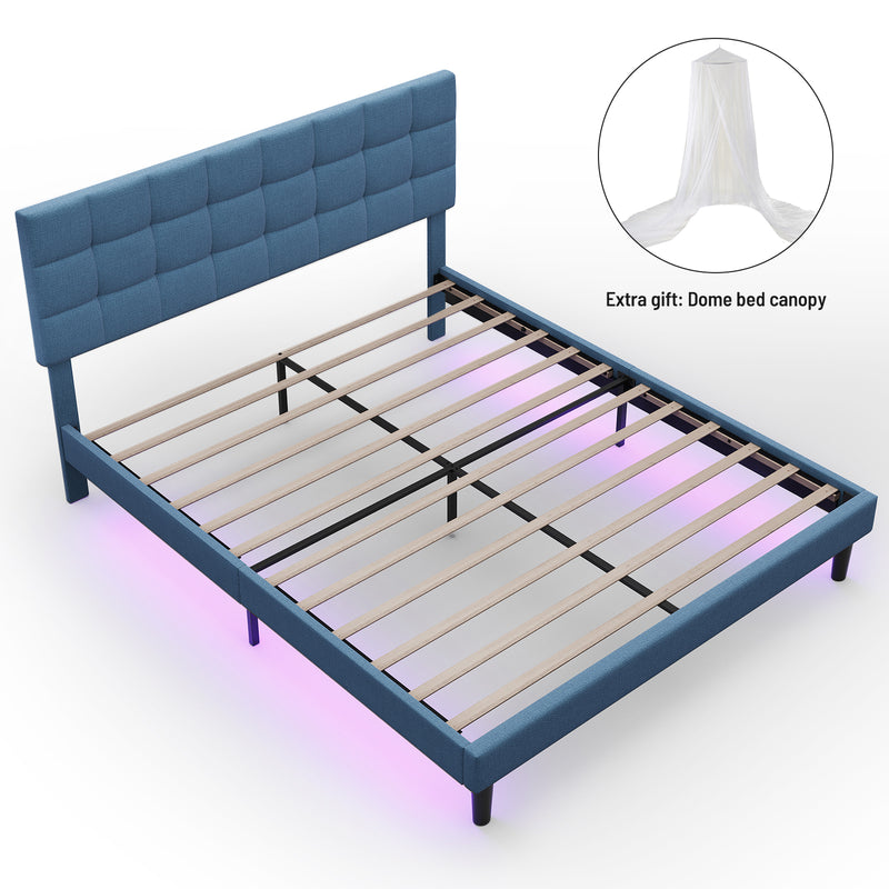 Queen Size Upholstered Platform Bed Linen Bed Frame with Lights Square Stitched Adjustable Headboard Strong Bed Slats System No Box Spring Needed Blue