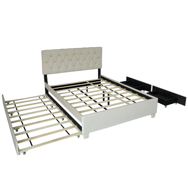 BEIGE QUEEN SIZE TRUNDLE PULL OUT DRAWERS STORAGE UPHOLSTERED BED MODERN DESIGN NO BOX SPRING REQUIRED