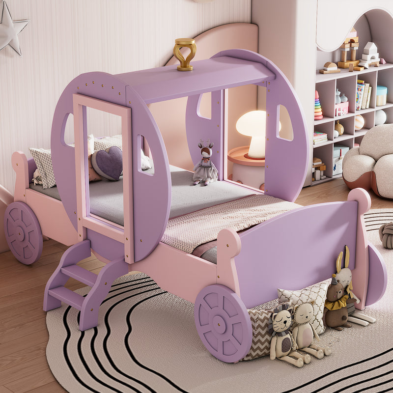 Twin size Princess Carriage Bed with Crown,Wood Platform Car Bed with Stair,Purple+Pink