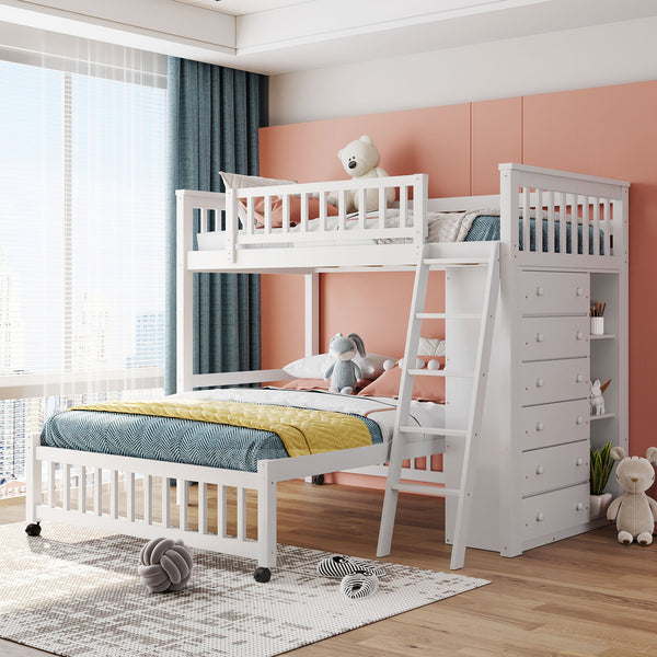 Wooden Twin Over Full Bunk Bed With Six Drawers And Flexible Shelves,Bottom Bed With Wheels,White(OLD SKU:LP000531AAK)