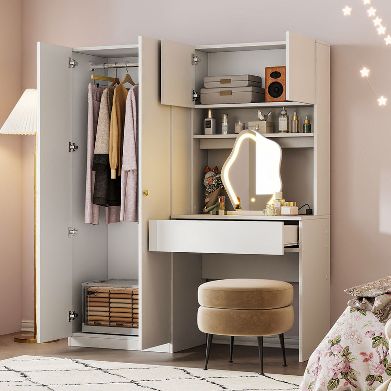 2 Door Storage Vanity Wardrobe For Bedroom With Makeup Mirror And Drawers - White