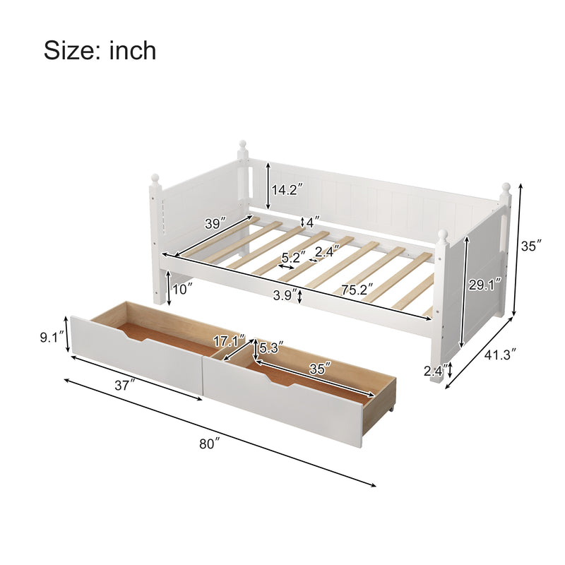 Twin Size Solid Wood Daybed with 2 drawers for Limited Space Kids, Teens, Adults, No Need Box Spring, White