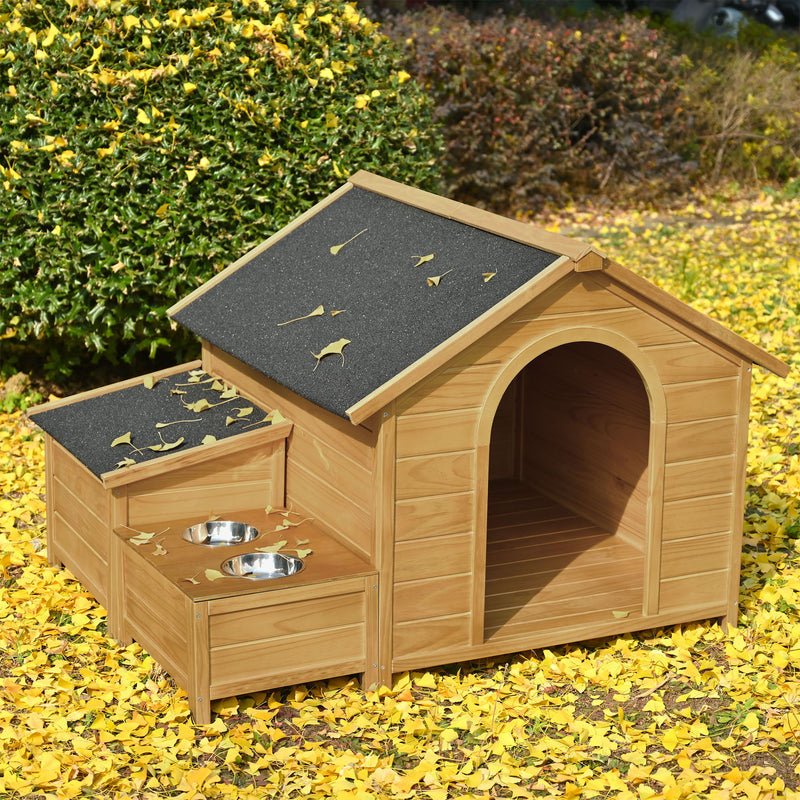 Large Size Wooden Dog House, Dog Crate For Large Dog Breeds, Cabin Style Raised Dog Shelter With Asphalt Roof, Solid Wood, Weatherproof - Nature