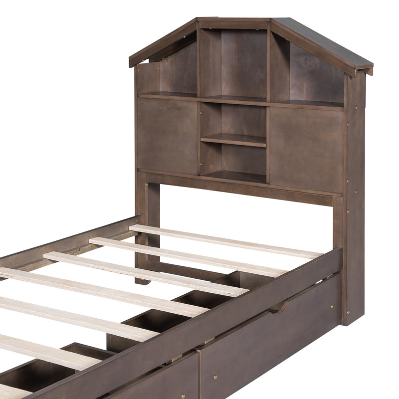 Twin Size Wood Platform Bed with House-shaped Storage Headboard and 2 Drawers, Walnut