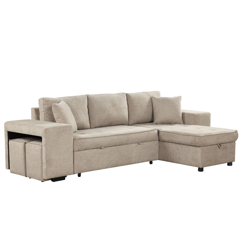 Modern L-Shape 3 Seat Reversible Sectional Couch, Pull Out Sleeper Sofa With Storage Chaise And 2 Stools For Living Room Furniture Set