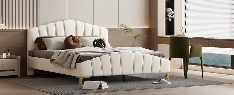 Queen Size Velvet Platform Bed with Thick Fabric, Stylish Stripe Decorated Bedboard and Elegant Metal Bed Leg, Beige