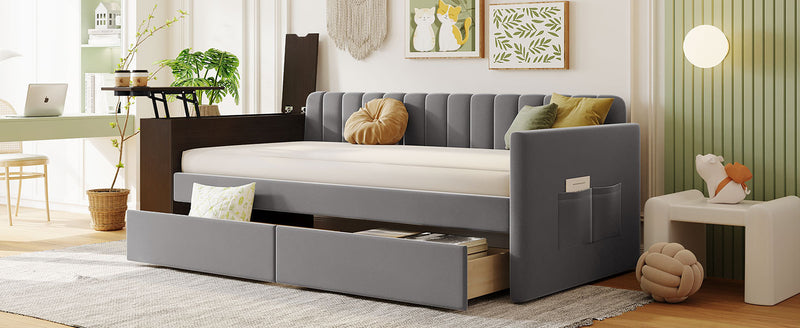 Twin Size Upholstered Daybed with Storage Armrest and 2 Drawers, Multi-functional Daybed with Cup Holder and a set of USB Ports and Sockets, Gray