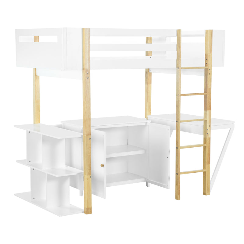 Twin Size Wood Loft Bed With Built-in Storage Cabinet and Cubes, Foldable desk, White