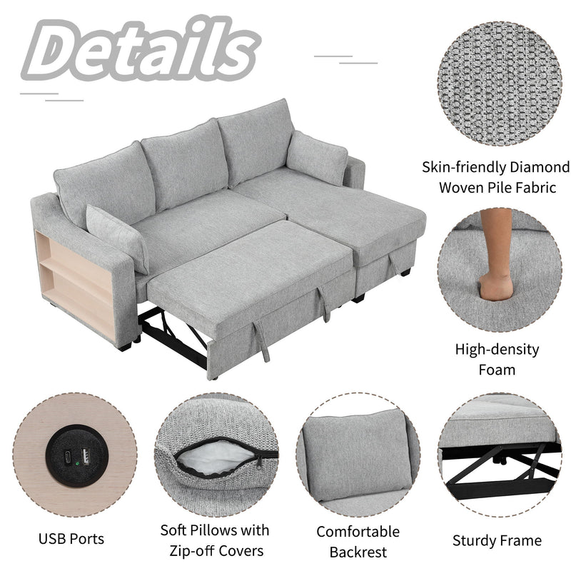 Pull Out Sleeper Sofa L-Shaped Couch Convertible Sofa Bed With Storage Chaise, Storage Racks And USB Ports