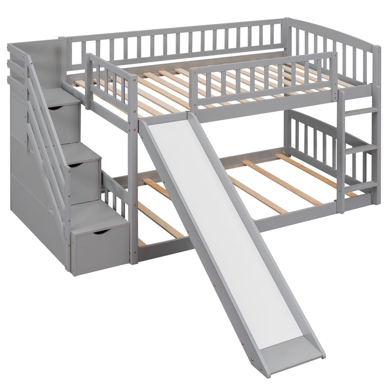 Stairway Twin over Twin Bunk Bed with Two Drawers and Slide, Gray(OLD SKU :LT000155AAE)