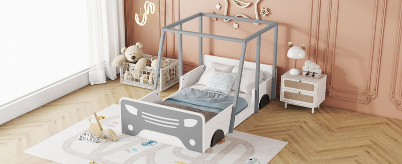 Twin Size Car-shaped Bed with Roof,Wooden Twin Floor Bed with wheels and door Design,Montessori Inspired Bedroom,Grey