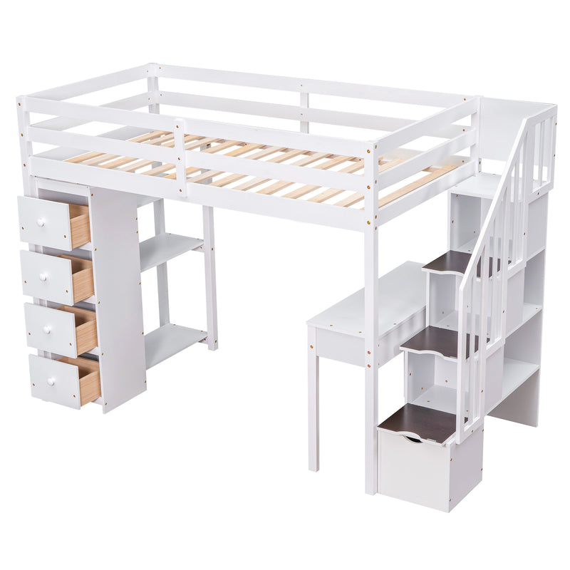 Twin size Loft Bed with Storage Drawers ,Desk and Stairs, Wooden Loft Bed with Shelves - White