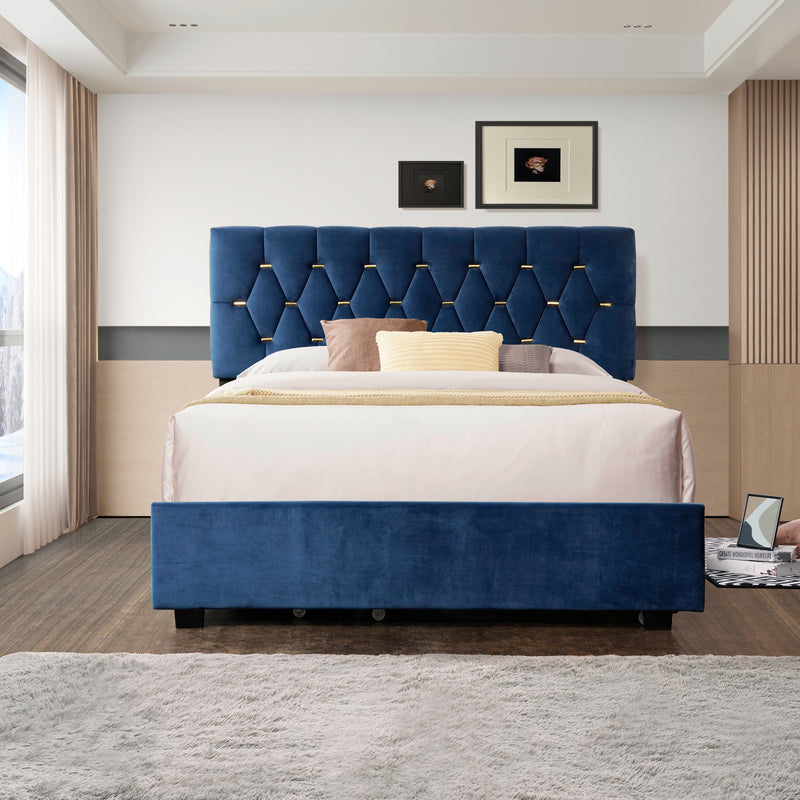 BLUE QUEEN SIZE TRUNDLE PULL OUT DRAWERS STORAGE UPHOLSTERED BED MODERN  DESIGN NO BOX SPRING REQUIRED