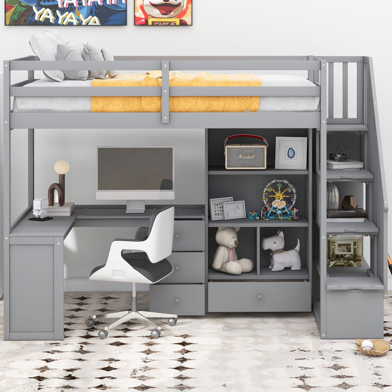 Twin Size Loft Bed with L-Shaped Desk and Drawers, Cabinet and Storage Staircase, Gray