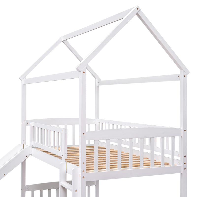 Twin Over Twin Bunk Bed with Slide, House Bed with Slide, White(OLD SKU: LT000214AAK)