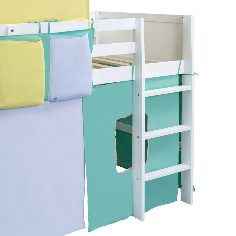 Twin Size Loft Bed with Tent and Tower  and  Three Pockets- Green