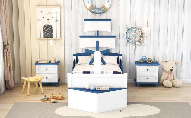 3-Pieces Bedroom Sets,Twin Size Boat-Shaped Platform Bed with  Trundle and Two Nightstands,White+Blue