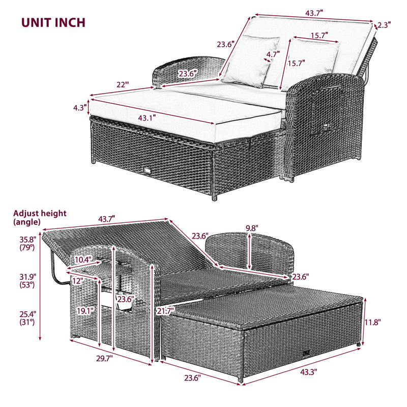 TOPMAX PE Wicker Rattan Double Chaise Lounge, 2-Person Reclining Daybed with Adjustable Back and Cushions, Free Furniture Protection Cover, White