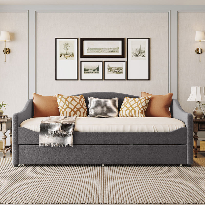 Teddy Fleece Twin Size Upholstered Daybed with Light and Trundle, Gray