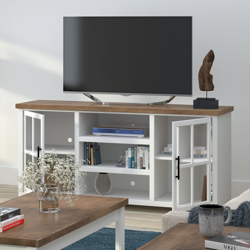 Bridgevine Home Hampton 67 inch TV Stand Console for TVs up to 80 inches, No Assembly Required, Jasmine Whitewash and Barnwood Finish