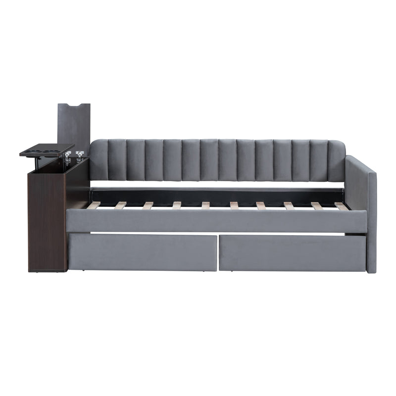 Twin Size Upholstered Daybed with Storage Armrest and 2 Drawers, Multi-functional Daybed with Cup Holder and a set of USB Ports and Sockets, Gray