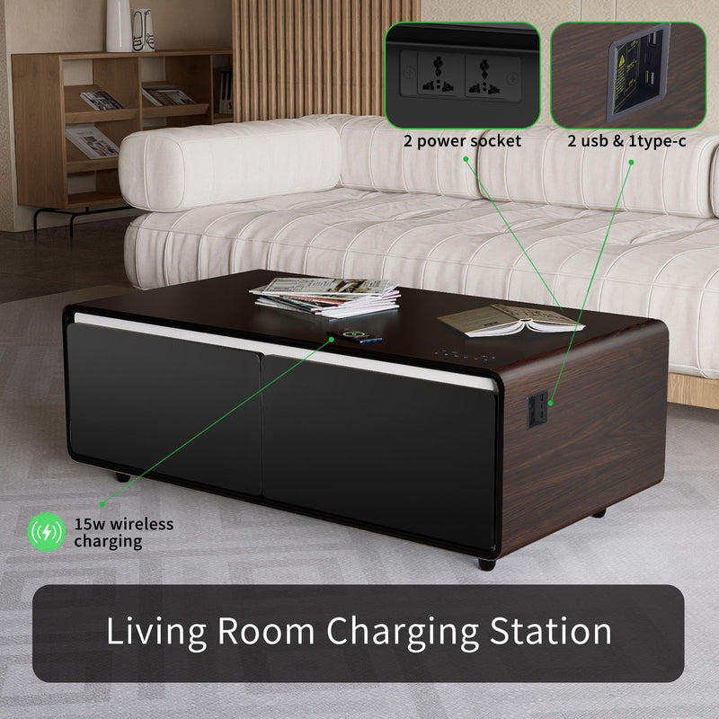 Modern Smart Coffee Table With Built-In Fridge, Bluetooth Speaker, Wireless Charging Module, Touch Control Panel, Power Socket, USB Interface, Outlet Protection, Atmosphere Light