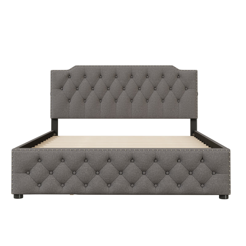 Queen Size Upholstered Platform Bed with Twin Size Trundle and 2 sets of USB Ports on each side, Linen Fabric, Gray