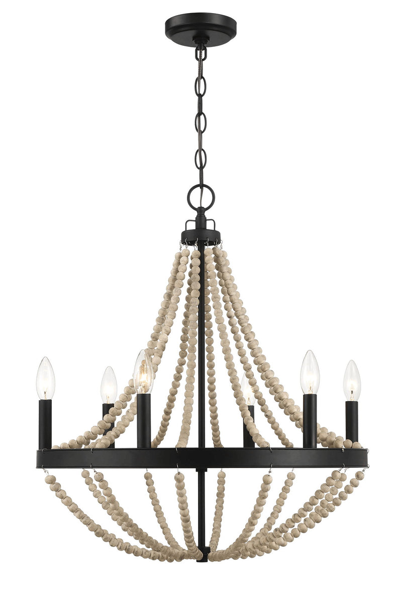 Starry - Chandelier Farmhouse Six Candle Light Wood Beaded Pendant Light For Dining Room - Black / Clear