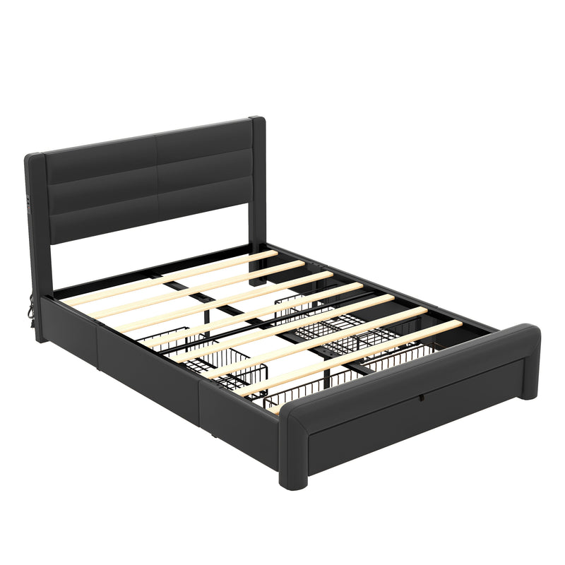 Queen Size Bed Frame with Drawers Storage, Leather Upholstered Platform Bed with Charging Station, Black