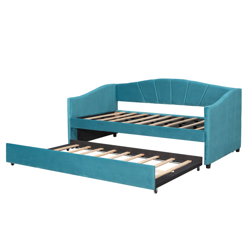 Upholstered Daybed Sofa Bed Twin Size With Trundle Bed and Wood Slat ,Blue