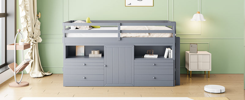 Twin Size Loft Bed with 4 Drawers, Underneath Cabinet and Shelves, Gray