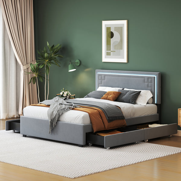 Queen Size Upholstered Platform Bed with Rivet-decorated Headboard, LED bed frame and 4 Drawers, Gray