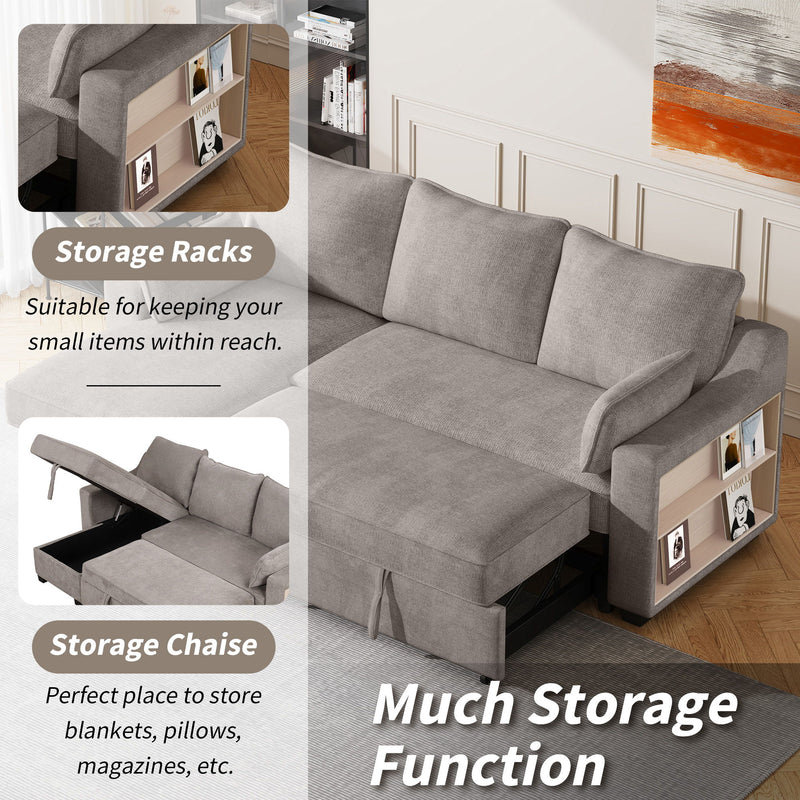 Pull Out Sleeper Sofa L-Shaped Couch Convertible Sofa Bed With Storage Chaise, Storage Racks And USB Ports