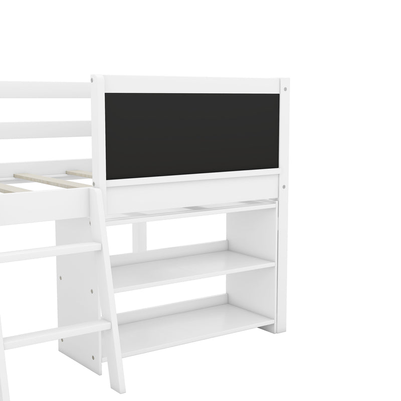 Twin Size Low Loft Bed with Two Movable Shelves and Ladder,with Decorative Guardrail Chalkboard,White(Old SKU: WF283286AAK)