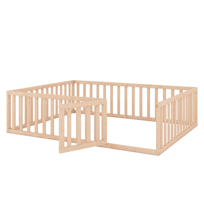 Queen Size Wood Floor Bed Frame with Fence and Door, Natural(OLD SKU:WF289663AAM)