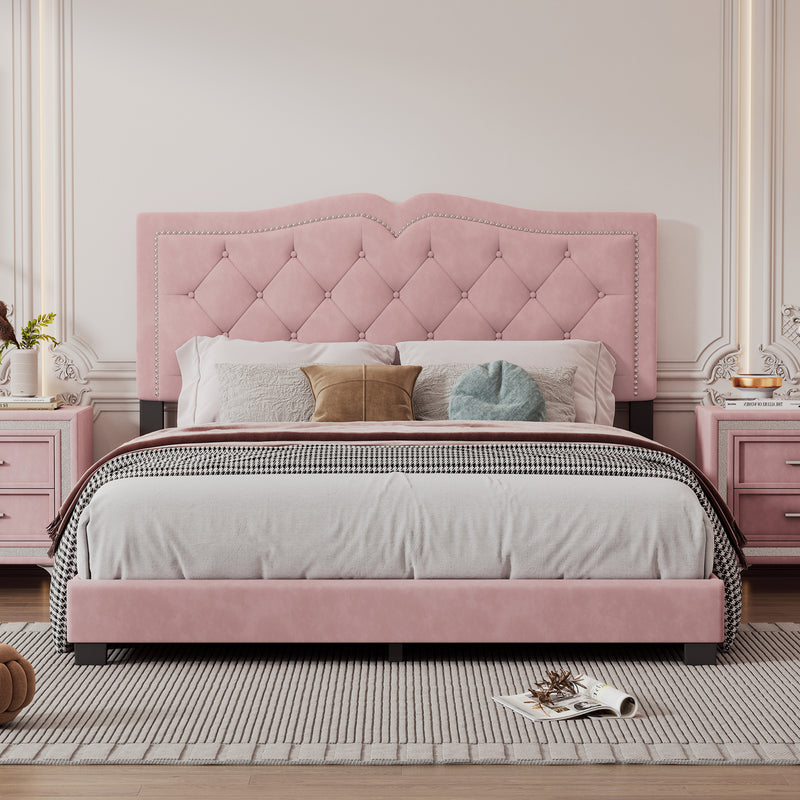 Queen Size Upholstered Bed Frame with Rivet Design, Modern Velvet Platform Bed with Tufted Headboard,Pink