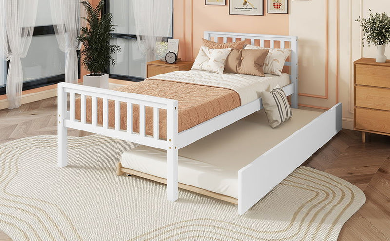 Twin Bed With Trundle, Platform Bed Frame With Headboard And Footboard, For Bedroom Small Living Space, No Box Spring Needed