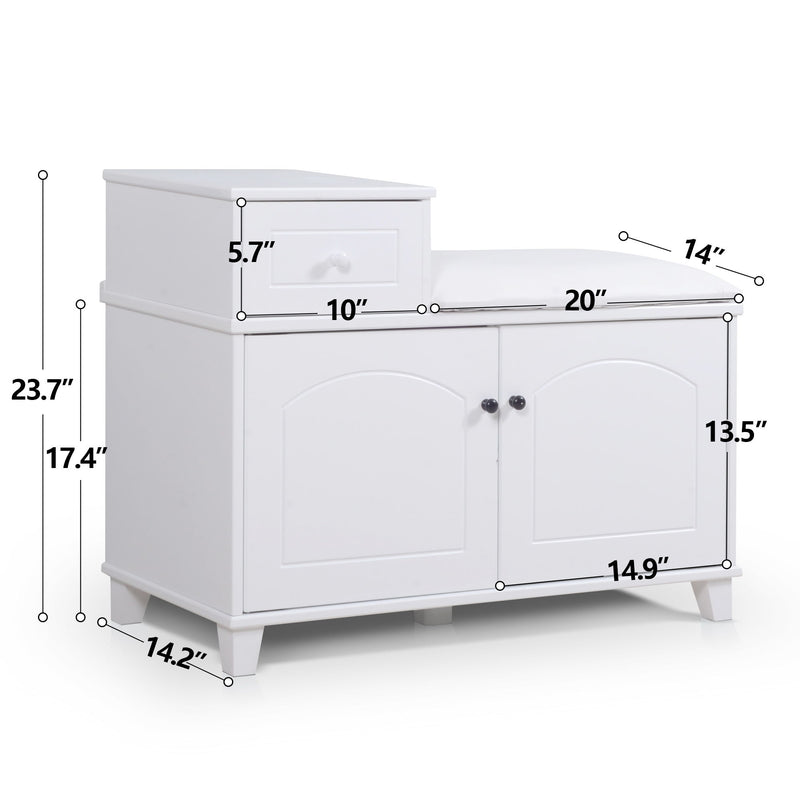 Shoe Storage Bench Cabinet With Fireproof PU Cushion, Double Doors And Movable Drawer For Door Entrance - White