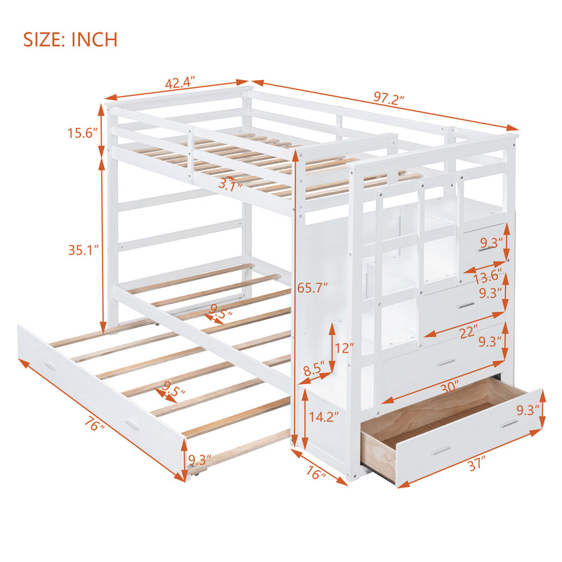 Twin Over Twin Bunk Bed with Trundle and Staircase,White(OLD SKU:LT000068AAK)