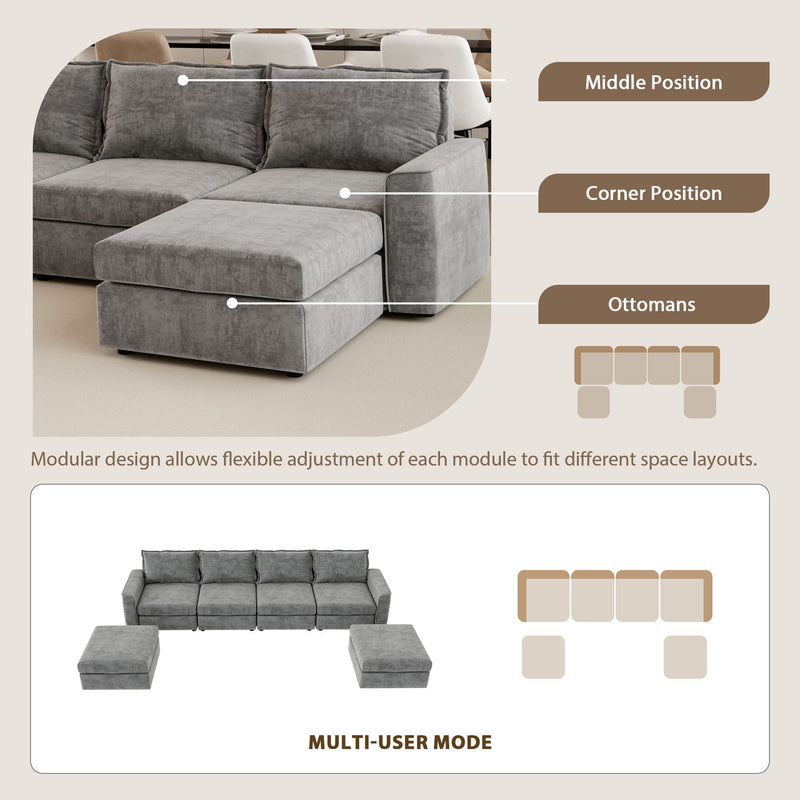 Chenille Modular Sectional Sofa, U Shaped Reversible Couch, Free Combination, 6 Seat Sleeper Sofa Bed With Ottoman, Convertible Oversized Indoor Furniture - Gray