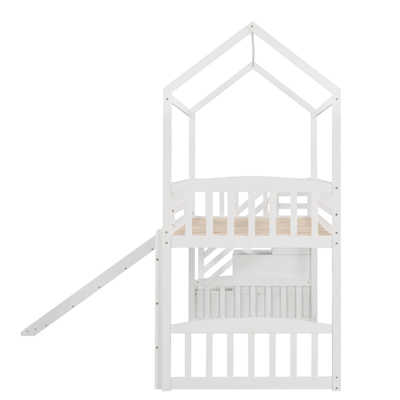 Twin Loft Bed with Two Drawers and Slide, House Bed with Slide, White (Old SKU: LP000130AAK)