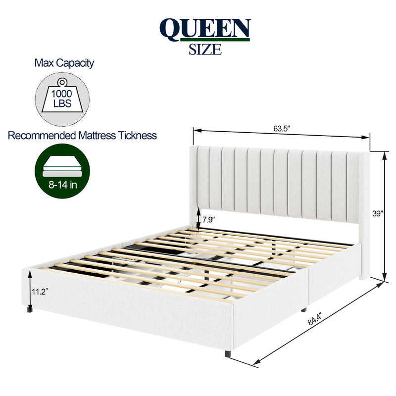 Anda Queen Size Ivory Boucle Upholstered Platform Bed with Patented 4 Drawers Storage, Tufted Headboard, Wooden Slat Mattress Support, No Box Spring Needed.