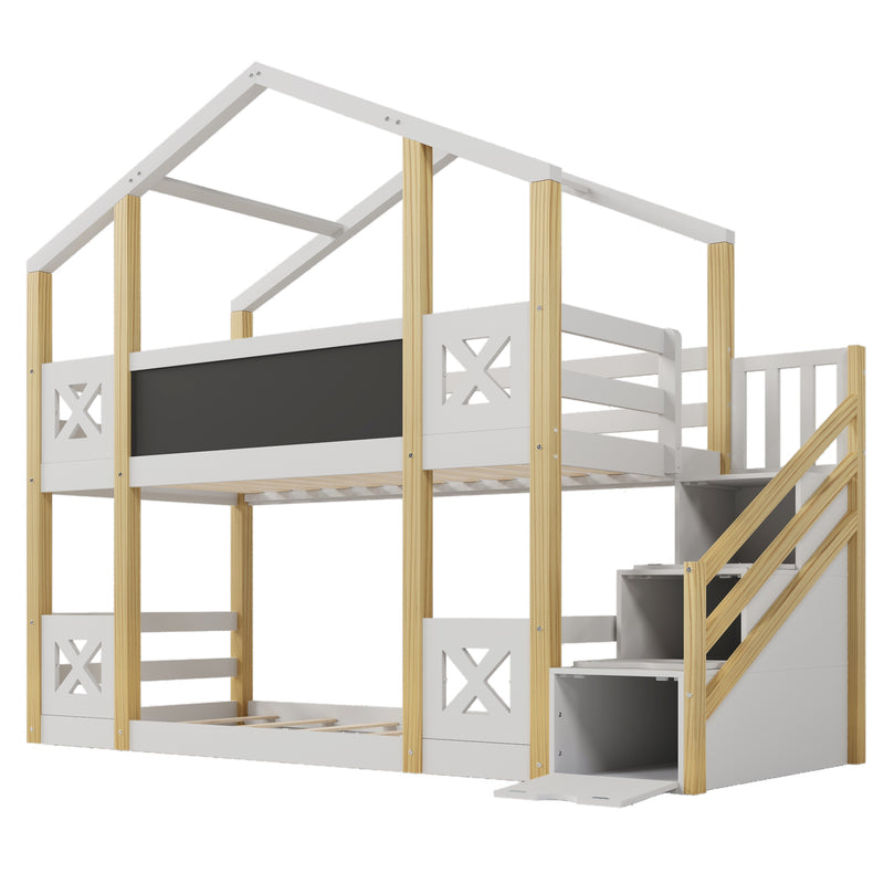 Twin over Twin House Bunk Bed with White Storage Staircase and Blackboards, White