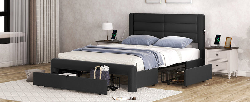 Queen Size Bed Frame with Drawers Storage, Leather Upholstered Platform Bed with Charging Station, Black