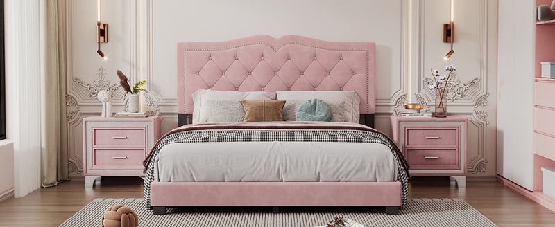 Queen Size Upholstered Bed Frame with Rivet Design, Modern Velvet Platform Bed with Tufted Headboard,Pink