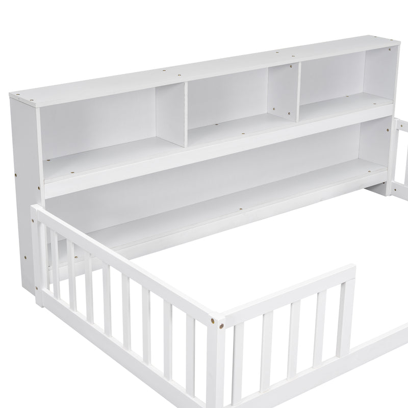 Twin Floor Bed with  Bedside Bookcase,Shelves,Guardrails,White