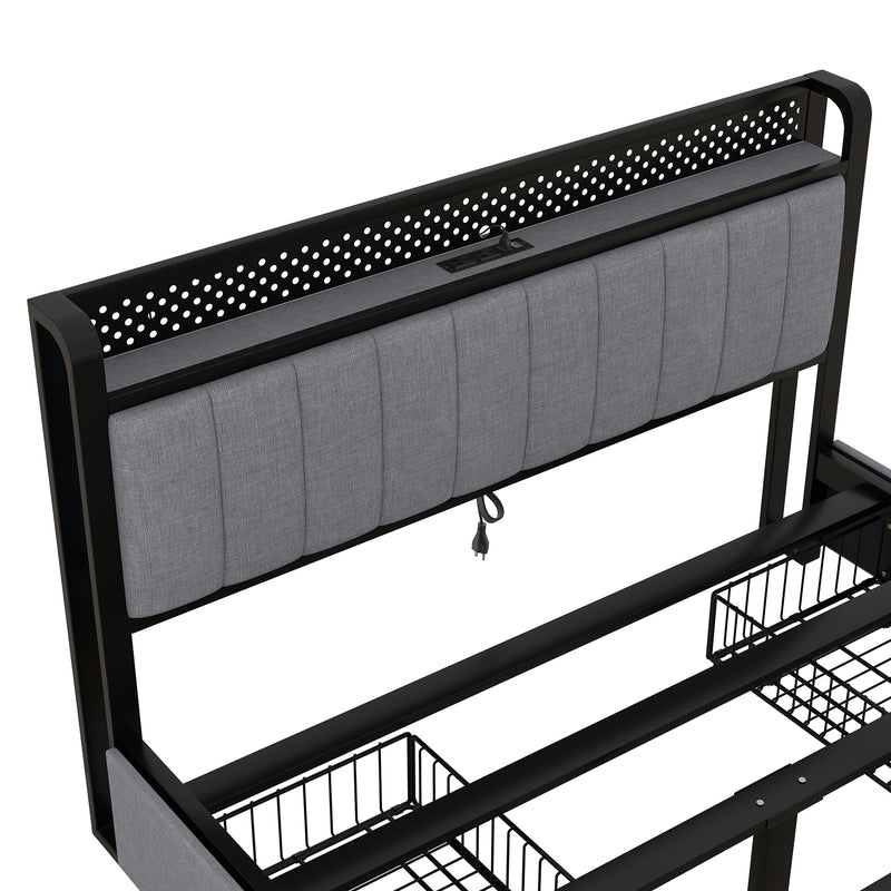 Queen Bed Frame with LED Headboard, Upholstered Bed with 4 Storage Drawers and USB Ports, Light Grey