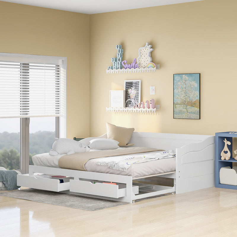 Wooden Daybed with Trundle Bed and Two Storage Drawers , Extendable Bed Daybed,Sofa Bed with Two Drawers, White